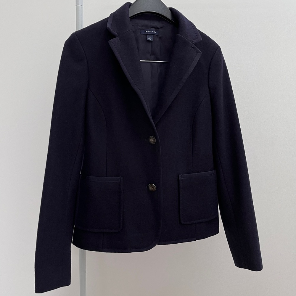 Navy wool blend grosgrain trim blazer 6 patch pockets timeless classic Lands End